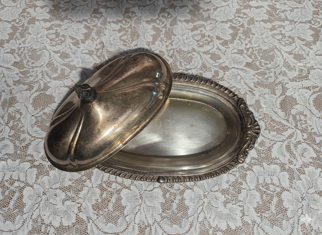 Vintage Silver Plated Butter Dish with Lid - Engraved Vanity Tray