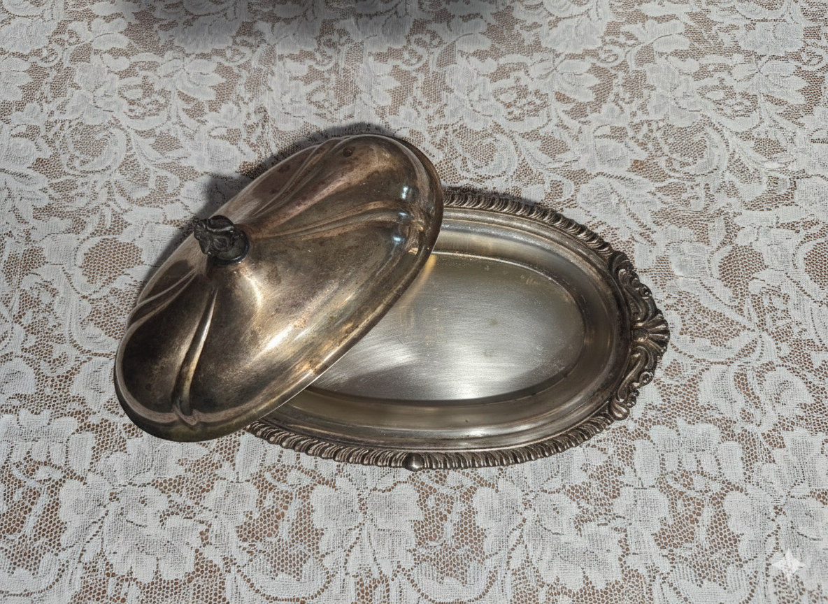 Vintage Silver Plated Butter Dish with Lid - Engraved Vanity Tray