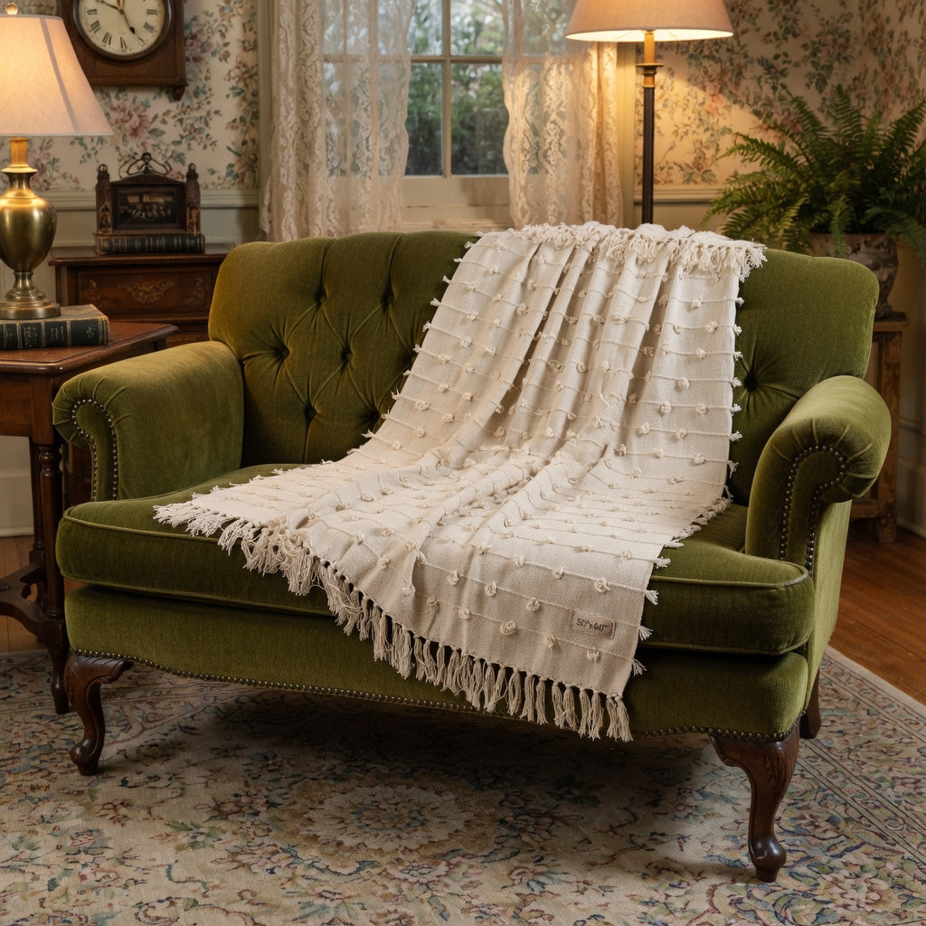 Cream Throw Blanket with Poms