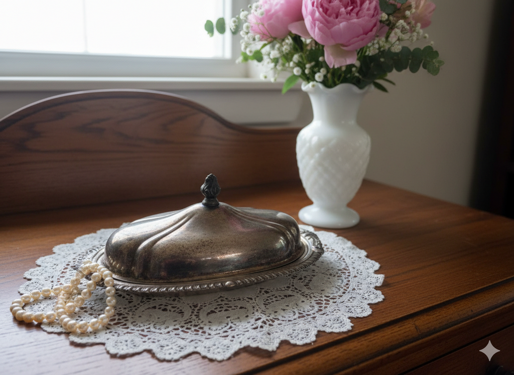Vintage Silver Plated Butter Dish with Lid - Engraved Vanity Tray