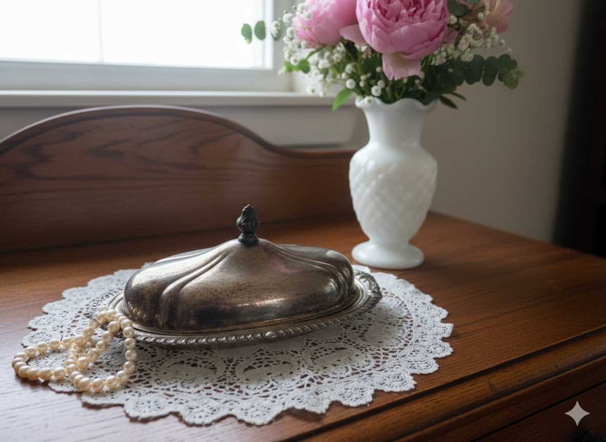 Vintage Silver Plated Butter Dish with Lid - Engraved Vanity Tray