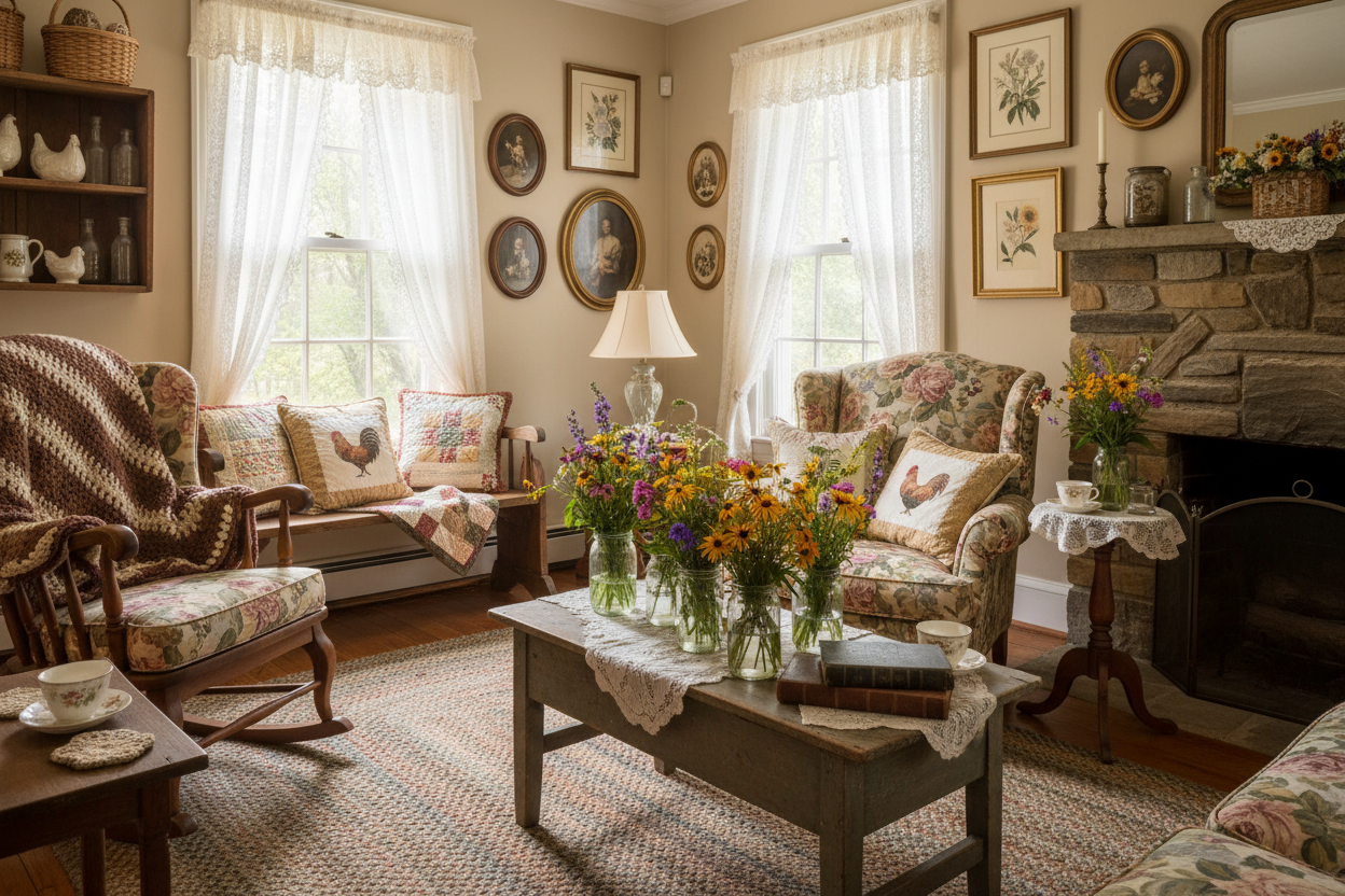 Please make the image of a cozy granny chic decor for my Kentucky based Country by Kristie store.  