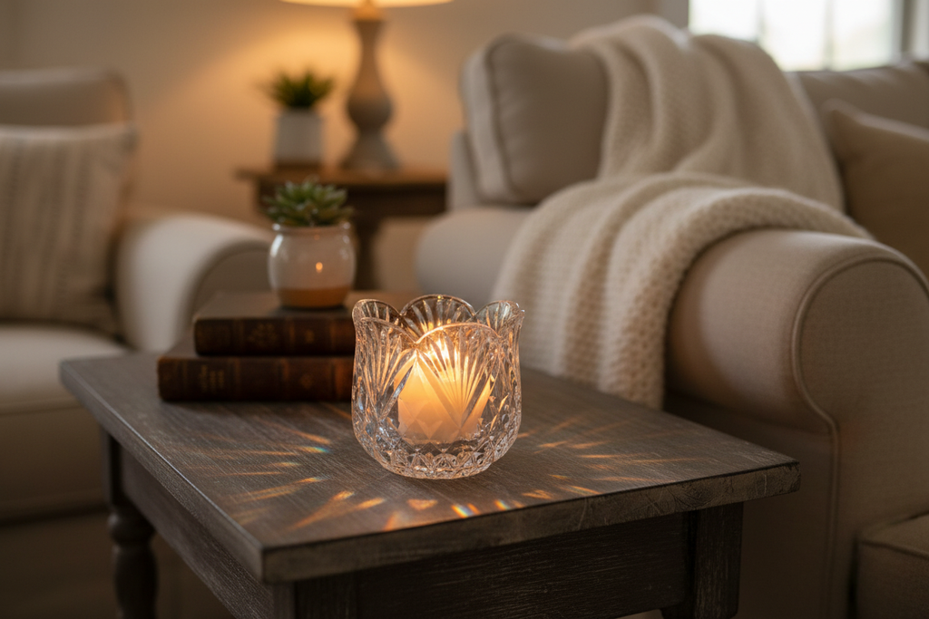 Shannon crystal votive holder with candle in vintage living room