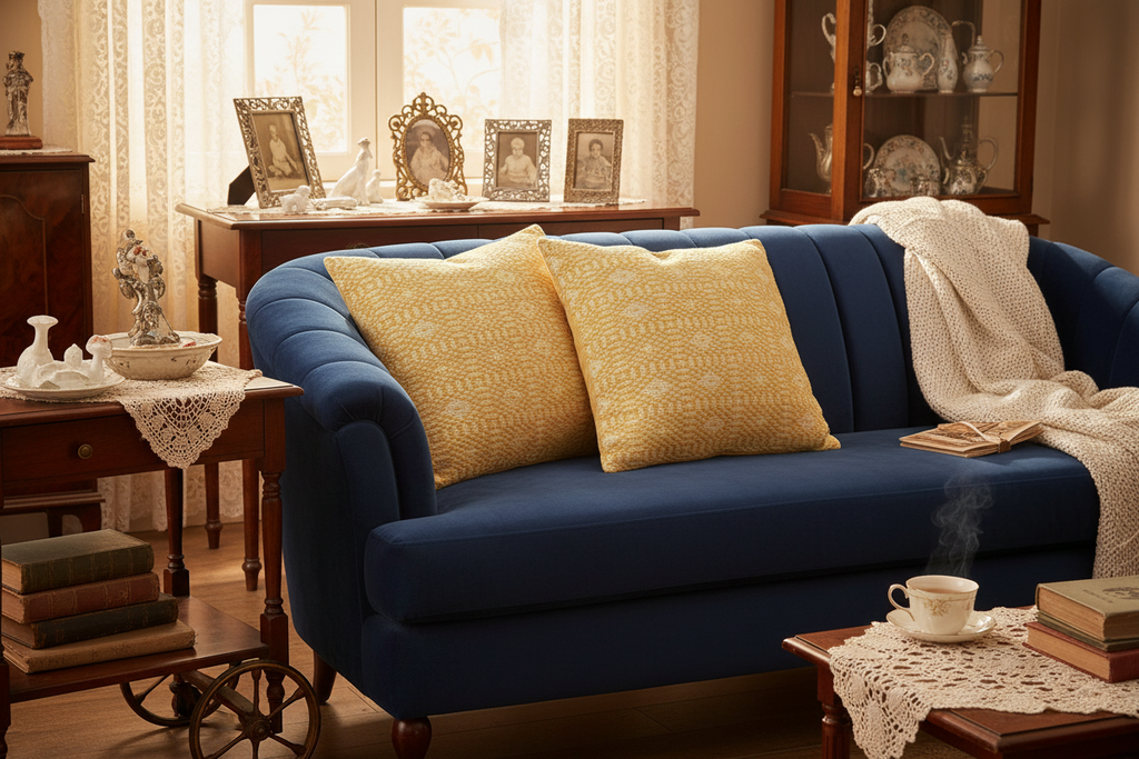 Two Gold Diamond Pillows on 1930s dark blue velvet sofa