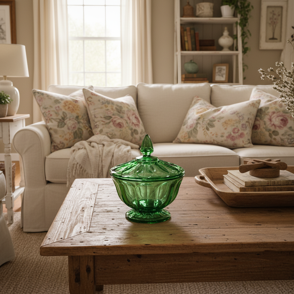 Vintage Green Glass Compote in Farmhouse Living Room